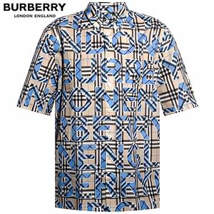 21SS★ BURBERRY バーバリー 半袖シャツ ノバチェック ボタンダウン 総ロゴ プリントロゴ ビッグロゴ 総柄 ボタンダウン ベージュ×ブルー