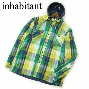 inhabitant インハビタント フード着脱可★ ロゴワッペン シアサッカー 長袖 ワーク チェック シャツ パーカー Sz.M　メンズ　A3T11712_A#C