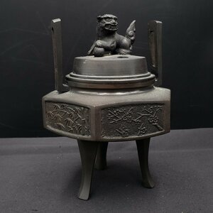 香炉 銅器 高さ約15.5cm 箱なし 獅子 伝統工芸品 金属工芸 美術品 香道具 時代物 当時物 [60ｍ1202]