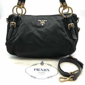 1円 美品 PRADA プラダ ロゴ金具 テスート ナイロン 2WAY ハンド ショルダー バッグ ブラック a3126