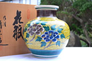 九谷焼 古九谷 角福 花瓶 花入 花鳥絵 花道具 骨董 壺 茶道具 美品 共箱 幅26.5ｃｍ高さ25.5ｃｍ 画像10枚掲載