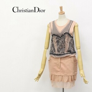 美品◆Christian Dior BOUTIQUE/クリスチャンディオール キャミソール柄 プリント ノースリーブ ドッキング ワンピース 36