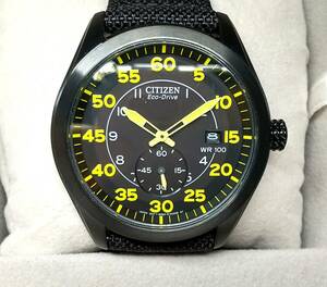 【新品】CITIZEN(シチズン) BV1085-14E エコドライブ ナイロンベルト ミリタリー ブラックダイアル 黄文字 メンズウォッチ 腕時計 黒文字盤