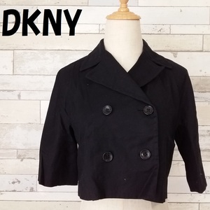 【人気】DKNY/ディーケーエヌワイ 麻混 ショート丈 5分丈 Pコート ジャケット オンワード樫山 ブラック サイズ4 レディース/8791