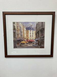 #5339 絵画 作：GEORGE BATES 『LES PARASOLES JOUNES』 風景画 壁掛け 44cm×39cm