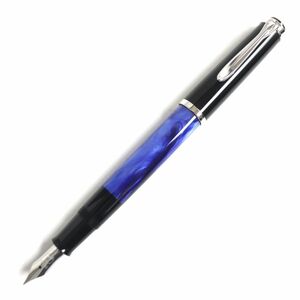 極美品▼Pelikan ペリカン スーベレーン M200 マーブル柄 ロゴ入り 万年筆 ブラック×ブルー EFニブ ドイツ製 箱付き