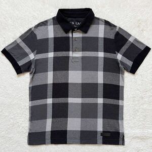 美品/ブラックレーベルクレストブリッジ BLACK LABEL CRESTBRIDGE ポロシャツ 半袖 ブロックチェック ロゴプレート 黒 ブラック×グレー M