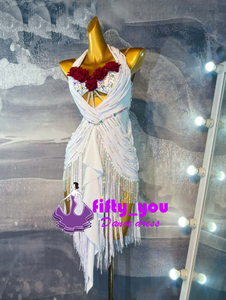 新品fifty_you 高級品 レディース社交ダンス衣装 競技デモ用ラテンドレス サイズオーダー 輝きライトストーン飾り 花飾り ホワイト