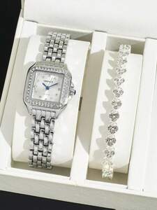 腕時計 レディース セット 防水 腕時計 ダイヤ スクエア ケース デリケート ブレスレット ダイヤモンド ハート型 ブレスレット