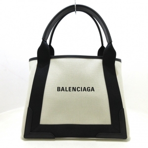 バレンシアガ BALENCIAGA トートバッグ 339933 ネイビーカバスS キャンバス×レザー アイボリー×黒 美品 バッグ