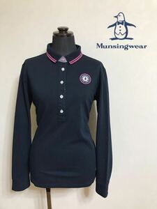 【良品】 Munsingwear golf マンシングウェア ゴルフ レディース 鹿の子 ポロシャツ トップス サイズL 長袖 ネイビー SL1197