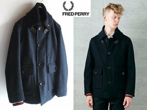 FRED PERRY フレッドペリー Donky Coat 月桂樹/ローレルピンバッジ付 ウールメルトン ドンキーコート ニットリブ襟ジャケット S ネイビー