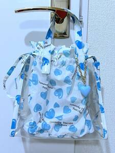 中古 サマンサタバサ Samantha Thavasa 巾着付き 透明ビニール 水色 水玉 手提げバッグ バッグインバッグ ハートのチャーム
