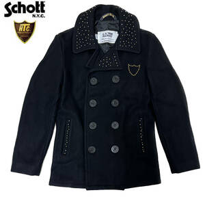 ★USA製 SCHOTT×HTC ショット U.S.740N PEA JACKET スタッズ Pコート ピーコート 753US ブラック 34