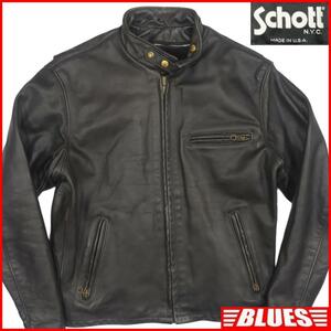 即決★アメリカ製 Schott★メンズL レザーライダースジャケット ショット 641 USA 40 黒 本革 シングル 皮 立襟 90’s ヴィンテージ