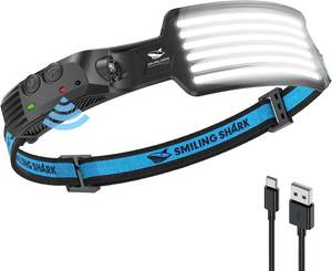 1 Pack TD-0123 Smiling Shark LED ヘッドライト, 【2023年最新款・白光*6】 USB充電可能 