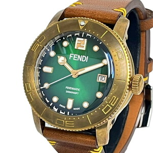 FENDI/フェンディ 000-131-415 アクアダイバー 限定800本 腕時計 レザー/スチール 自動巻き/オートマ 緑文字盤/ブロンズ/茶 メンズ