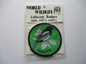 70s WORLD WILDLIFEカササギ『MAGPIE』Collector Badgesワッペン/鳥バードウォッチング野鳥OUTDOOR自然アウトドアPATCHアップリケ V193