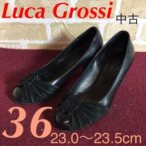 【売り切り!送料無料!】A-219 Luca Grossi!パンプス!36 23.0〜23.5cm!黒!スエード!異素材!おしゃれデザイン!2〜3万円位!中古!