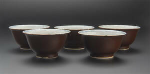 清 酱釉青花杯 5件 煎茶道具 中国 古美術
