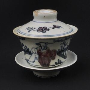 中国古美術 青花蓋茶碗 染付 蓋茶碗 茶器　人物茶碗 骨董品 古玩 時代物 古道具 蓋付茶碗 染付 京焼 古美術