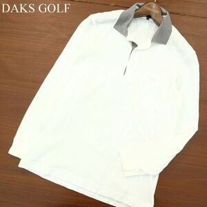 DAKS GOLF ダックス ゴルフ 通年 ロゴ刺繍★ ストライプ使い 長袖 ポロシャツ Sz.M　メンズ 白 日本製　A3T14995_C#C