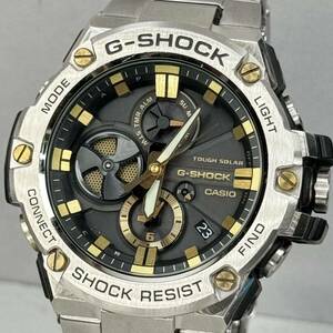 極美品 G-SHOCK GST-B100D-1A9JF GスチールG-STEEL タフソーラー Bluetooth搭載モバイルリンク メタルバンド ブラック ゴールド クロノ