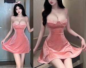 ☆新品*セクシー*エロかわ♪ 良質 とろみ素材 レース付 オープンネック キャミソール Aライン フレア ベロア チュニック ワンピース ピンク