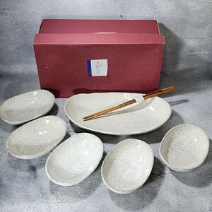 ORIBE　食彩遊器　取分揃　大鉢1　小鉢5　未使用箱入　/楕円/まゆ型/ボウル/盛鉢/粉引/白釉/和食器/陶磁器/