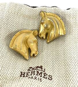 HERMES エルメス ホース ヘッド イヤリング マット ゴールドカラー系アンティーク ヴィンテージ アクセサリー 保存袋 カ4