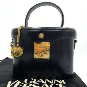 1円/未使用級● ジャンニ ヴェルサーチ GIANNI VERSACE ハンドバッグ バニティ ボックス ロゴ サンバースト 金具 黒 ブラック レザー