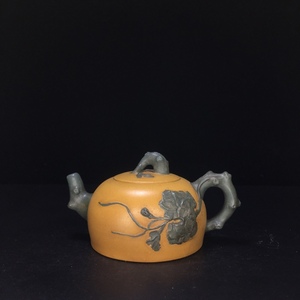 【聚寶齋*紫砂手工彫*半月花壺】茶壺 茶道具 中国古美術 極美品 時代物 容量：350cc