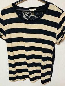 【フォーエバー21】ベージュ×黒ボーダーバックレース半袖Tシャツ♪~M~Forever21