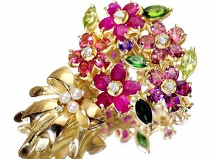 1円～【ジュエリー極】豪華な花束！良質天然マルチカラー宝石3.30ct/2.01ct＆ダイヤ0.18ct 高級K18YGブローチ兼ヘッド k8514ro【送料無料】