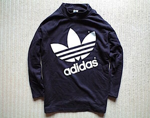 即決 90s adidas vintage ビッグロゴ トレフォイル スウェット 黒 モックネック 着丈長め M-L