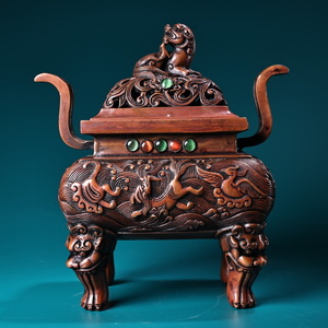 秘蔵 中國 清代 乾隆年制 古銅彫 獅蓋雙耳四足燻香炉 時代物 中國古美術 極細工 置物 唐物 賞物 NW220