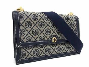 ■新品同様■ TORY BURCH トリーバーチ キャンバス×レザー クロスボディ ショルダーバッグ ベージュ系×ネイビー系 AV7578