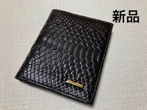 ★【新品】牛革 型押し 二つ折り財布 メンズ かなり濃いチョコ系