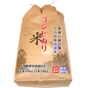 コシヒカリ 玄米20kg/白米18kg 2023年産 愛媛 石鎚山麓 久万高原 清流米 減農薬 特別栽培米 高原清流が育んだお米 百姓直送 送料無料