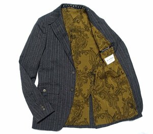 18AW 定価28万 極美品 ETRO エトロ メタルボタン使用 ペイズリー柄裏地 ストライプ テーラードジャケット グレー コットンウール メンズ 44