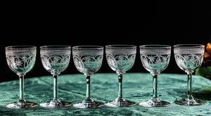 1920年代 アンティーク クリスタル ニードル エッチング 60ml カクテル リキュールグラス 6個セット 酒 日本酒 吟醸 冷酒