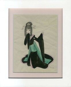 内藤ルネ画額「黒い着物の女性」　鉛筆　色鉛筆　紙　サイン　少シワ　20×15.5　F:30.5×25