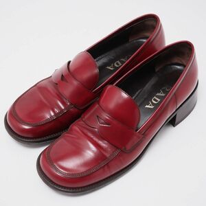 GP9597△イタリア製*プラダ PRADA*レディース*レザー ローファー*スリッポンシューズ*革靴*赤 レッド系*size38（23.5-24cm相当）