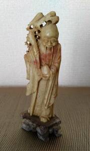 中国 古玩 玉石 砡石彫 細密石彫刻 桃仙人 寿老人 置物