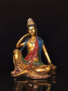 ◆古寳堂◆明 宣德隆年製款 銅製 彩繪 金鍍 自在觀音像 仏教古美術 供養品 極細工 古置物 古擺件 中国古美術 時代物 古董品