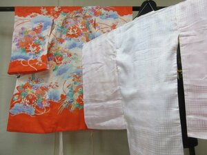 1円 中古 化繊 女児 子供着物 七五三 襦袢セット 産着 和装 和服 鼓 和楽器 花柄 草花 高級 袷 身丈98cm 身巾45cm【夢職】★★★