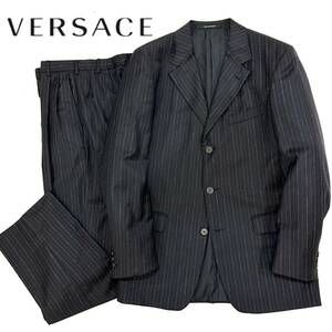 美品!!スイス製VERSACE ヴェルサーチ ウール100% 3B シングルスーツ(50)ストライプ ブラック メンズ 紳士服