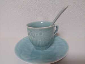 安達窯 青磁 カップ&ソーサー スプーン付 ティーカップ コーヒーカップ 食器