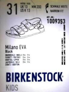 BIRKENSTOCK MILLANO KIDS EVA BLACK Narrow(幅狭）31/20㎝相当　軽量＆疲れにくい3Dフットベッド