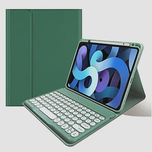 送料無料★iPad第9/8/7世代10.2インチ キーボードケース丸型キー ペンシルホルダー付 Bluetooth(深緑)